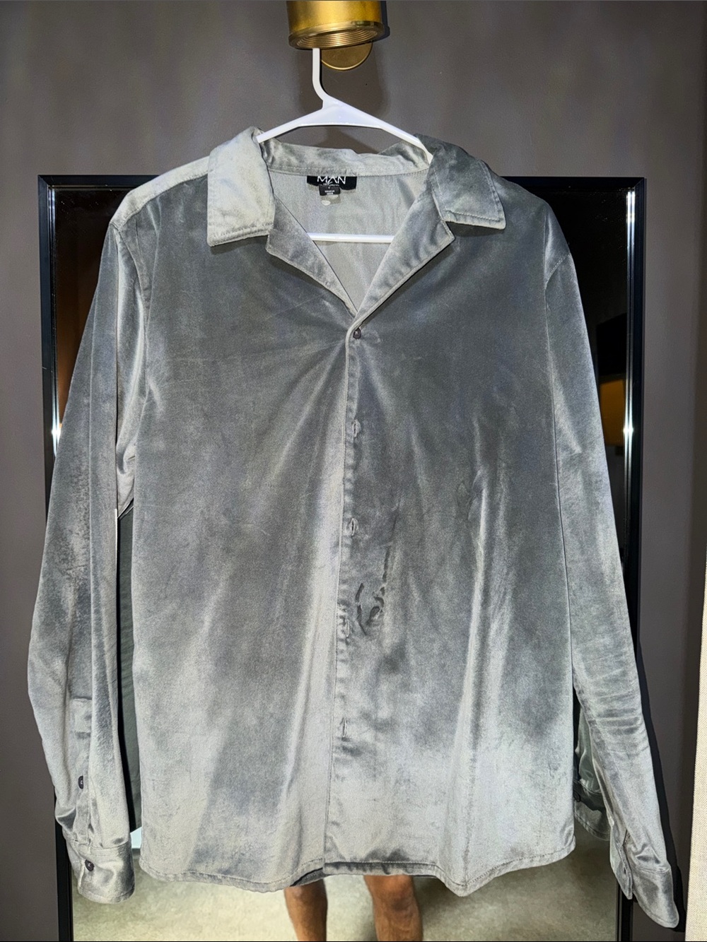 BoohooMAN Men’s Gray Velvet Button-Up Shirt Size Small
